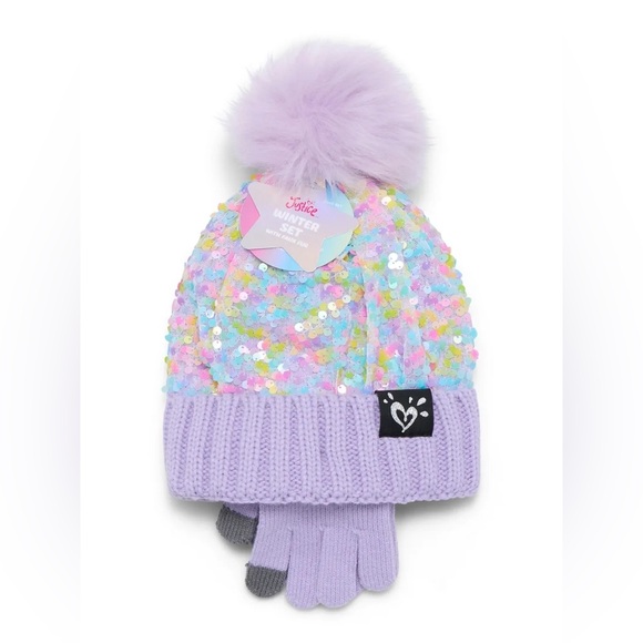 Justice Lavender Pastel Rainbow Sequin Beanie Faux Fur Pop-Pom & Gloves Set - Picture 3 of 10